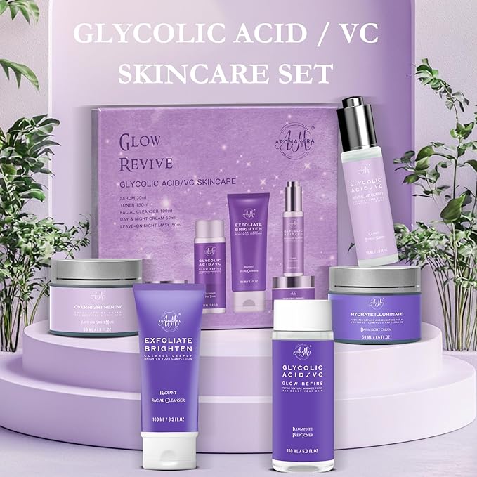 Daily Essential Skincare Set, Glycolic Acid+Vitamin C Facial Skin Care Sets & Kits, 5 In 1 Skin Care Gifts for Women w/Exfoliates Face Wash, Toner, Serum, Moisturizer, and Mask, Vegan & Cruelty-Free