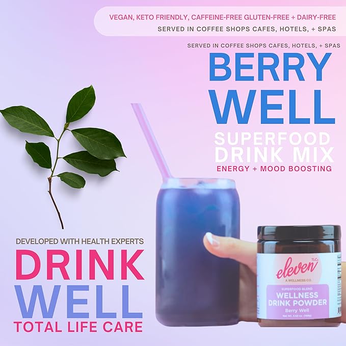 Eleven TLC, Berry Well Superfood Drink Mix, Lattes, Smoothies, Refreshers, Tea, Superfood Berry Antioxidant Support with Blue Butterfly Pea Flower, BlueSpirulina, Maca, Inulin Pre-Biotic, 21 Servings