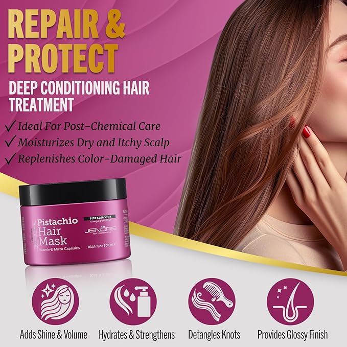 Jenoris Pistachio Hair Mask for Dry Damaged Hair – Deep Conditioning Hair Mask Treatment with Pistachio Oil & Vitamin E, For Color-Treated Hair, For Hair Repair, Paraben & Salt Free, 10.14 Fl Oz