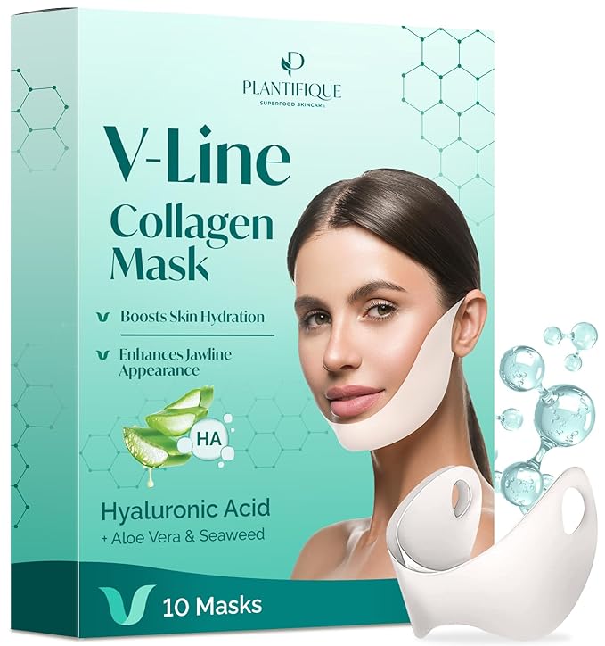 PLANTIFIQUE V-Line Collagen Mask for face 10 PCS | Chin Strap for Women & Men | V Line Lifting Mask with Collagen and Hyaluronic Acid V Shape Face Tape Chin | Skin Firming