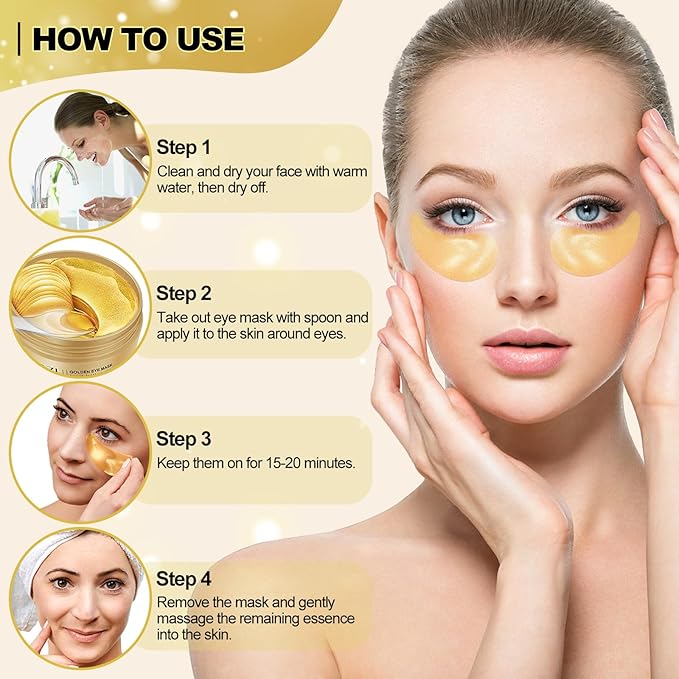 Under Eye Mask, 60 PCS Golden Gel Under Eye Patches for Dark Circles, Undereye Bags, Wrinkles Gel Under Eye Patches Gifts for Women Birthday Gifts for Women