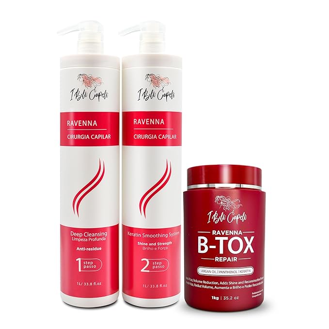 Ravenna Professional Keratin Hair B-tox -Cirugia Capilar para el Cabello, Smoothing, B-tox Hair Treatment, Celulas Madres Para el Cabello-Straightener System 3x1L 105.8oz