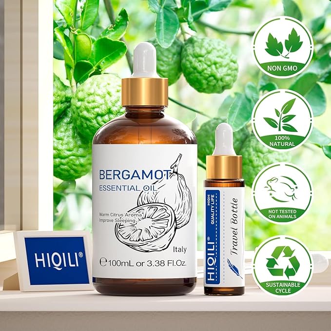 HIQILI Bergamot Essential Oil for Diffuser, Skin, Hair, DIY, 100% Pure & Natural - 3.38 Fl Oz (100 mL)