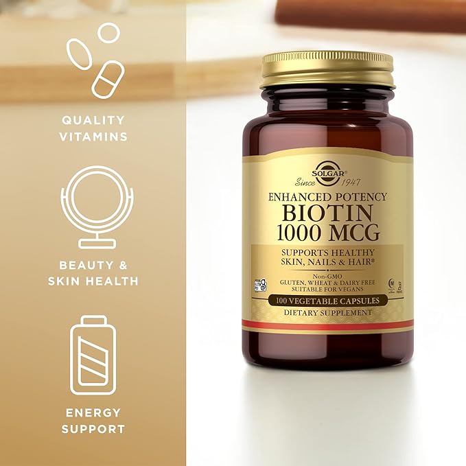 Solgar Biotin 1000 mcg - 100 Vegetable Capsules - Supports Healthy Skin, Nails & Hair - Non-GMO, Vegan, Gluten Free, Dairy Free, Kosher, Halal - 100 Servings