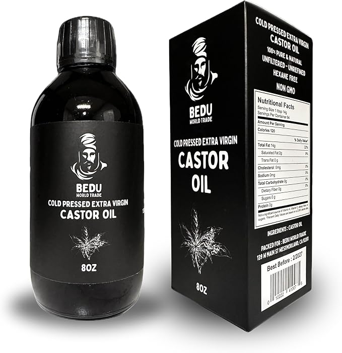 BEDU Cold Pressed Extra Virgin Black Castor Oil, 100% Pure & Natural, Unfiltered - Unrefined, Hexane Free, Non GMO (8 fl oz)