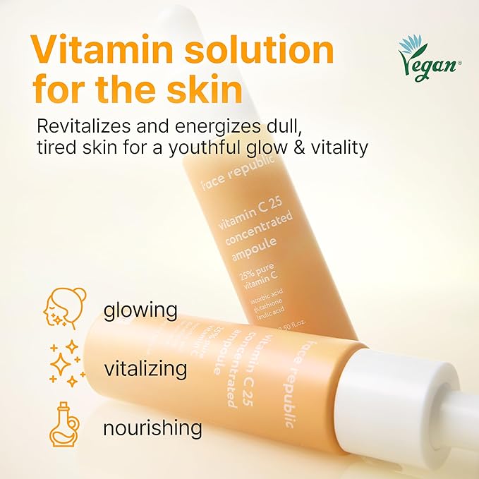 Face Republic Vitamin C 25 Concentrated Ampoule | 25% Ascorbic Acid, Glutathione, Antioxidants | No Irritation, Improve Skin Tone | Radiant Skin