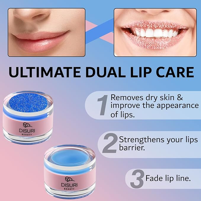 Lip Mask and Lip Scrub Set - Moisturizing Lip Scrub for Exfoliating and Smoothing Lips, Cruelty-free - Improves Texture, Hydrates, and Softens Chapped, Dark Lips Skin - (Blueberry)