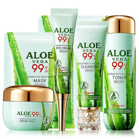 Aloe Vera Skin Care Set, Organic Aloe Vera Moisturiser Skincare Set, Aloe Vera Skin Care Routine Kit For Women Hydraing & Repair, 99% Aloe Vera With Cleanser,Face Cream,Toner,Eye Cream,Face Mask