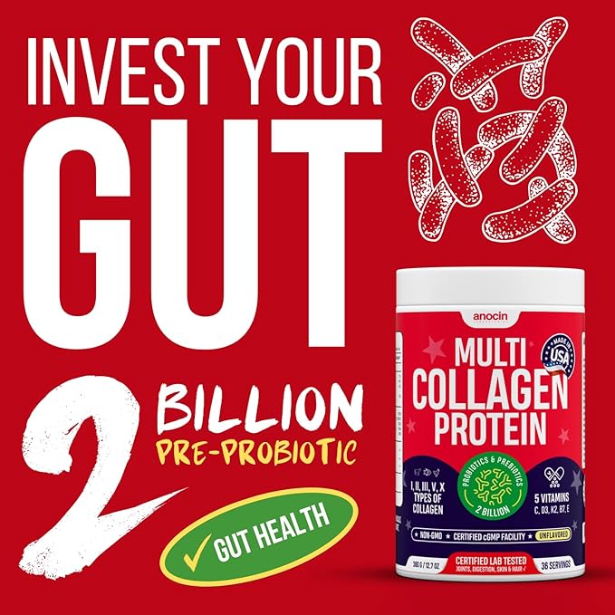 Multi Collagen Peptides with Probiotics + Type I, II, III, V, X + Hydrolyzed Collagen Powder with Vitamin C+D3+B7+K2+E Hyaluronic Acid, Supports Skin Hair Nail & Joint, Grass-Fed, Non-GMO