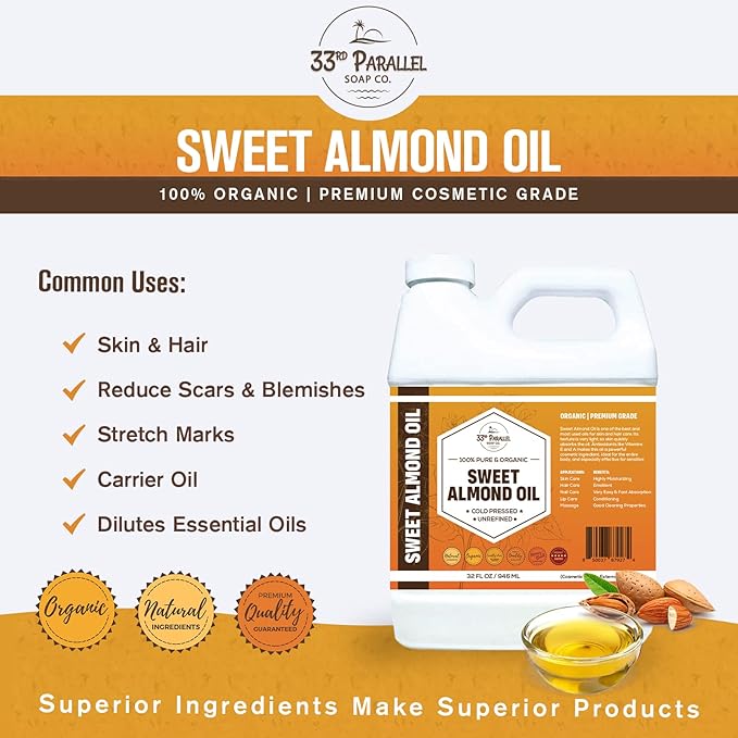 ORGANIC SWEET ALMOND OIL (32 oz) Premium Cold Pressed Unrefined | 100% Pure Sweet Almond Oil for Skin, Face, Hair, Soap Making | Carrier for Essential Oils | Available in Bulk | 32 FL OZ