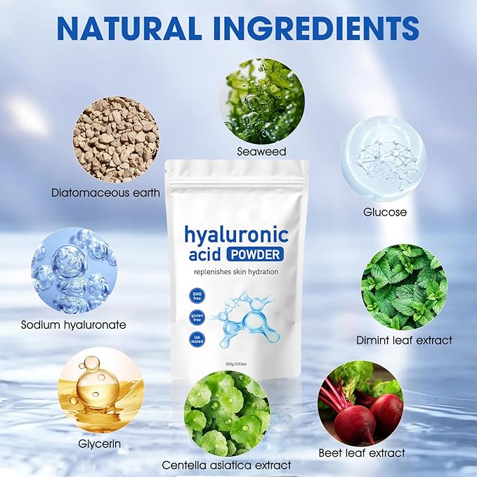 Hyaluronic Acid Powder, Hyaluronic Acid Powder for Skin Care, Low Molecular Weight, Vegan Cosmetic Grade, Water-Soluble Moisturizing Ingredient for DIY Facial Serum & Anti-Aging Skincare