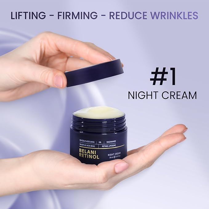 ABERA Belani Retinol Night Cream with Collagen & Hyaluronic Acid – Anti-Wrinkle, Fine Line Smoother, Even Skin Tone, Hydrating Facial Moisturizer for Women (1.01 Fl Oz)