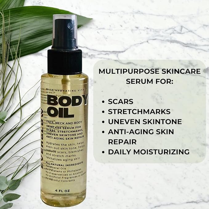 BODY OIL -Moisturizing Face, Neck and Body Skincare Serum for Scars, Stretchmarks, Uneven Skin Tone and Anti-Aging Skin Repair. All Natural 4oz Spray