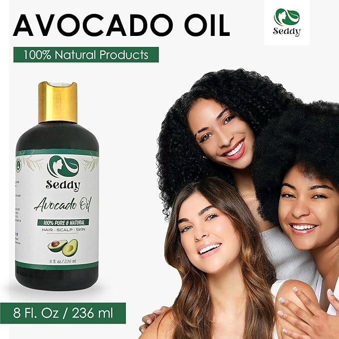 Seddy Avocado Oil - 100% Pure & Natural Oil for Hair, Skin, Face, Body, & Nails | Unscented | Hexane-Free | Natural Carrier Oil | Premium Moisturizer | Ideal for DIY Beauty Blend - 8 Fl. Oz