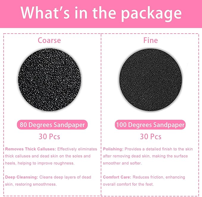 60 Pcs Sandpaper Set 1.7'' x 1.7'' for Electric Foot Callus Remover,Pedicure Disc,Sander Discs Replace Set - 1 Box (30 Fine Grit and 30 Coarse Grit)