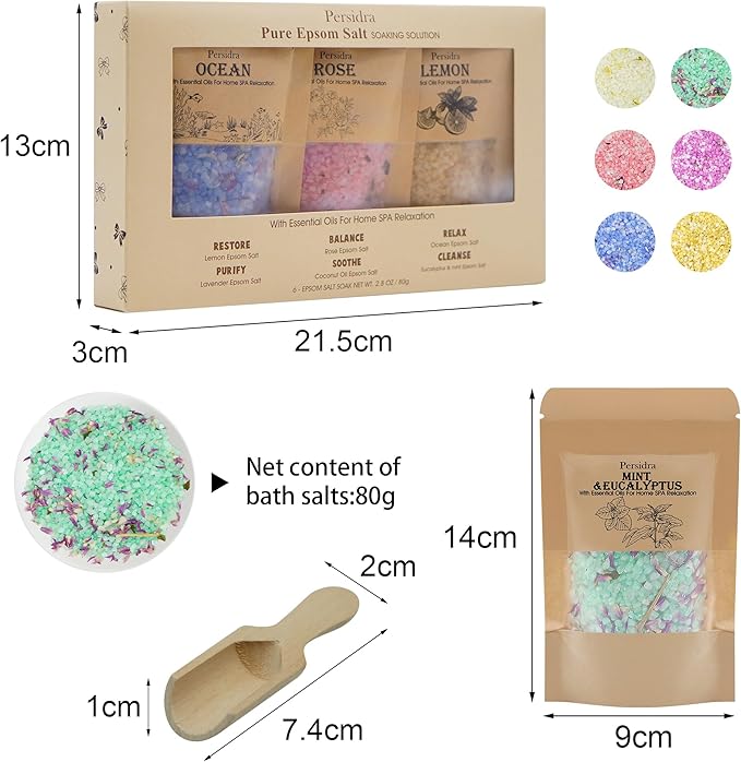 Bath Salts Gift Set 6-Pack - Relaxing Aromatherapy Spa Set for Women, 80g Self-Care Gifts for Mom, Mother's Day Birthday Gifts with Natural Sea Salts