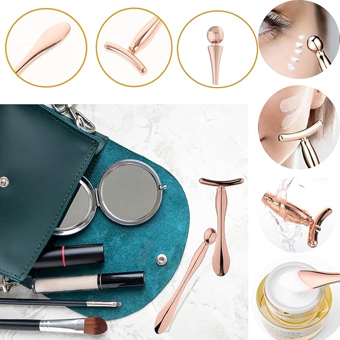 2 Pcs Metal Eye Cream Applicator Wand Stick, Eye Cream Roller Stick T-Shaped Massage Wand Makeup Spoon Set,Eye Facial Massager,Skin Care Tool for Eye Reducing Puffiness Wrinkle (Rose Gold)