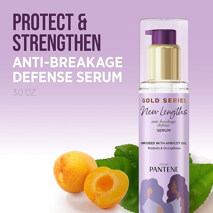 Pantene Gold Series New Lengths Anti-Breakage Defense Serum, Infused with Apricot Oil, Protects & Strengthens, for Natural, Textured, Curly, Coily Hair, Sulfate Free, 3 Fl Oz (Pack of 2)