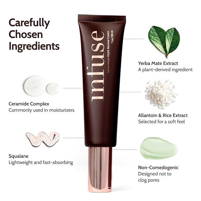 Infuse Skin Yerba Mate Night Revival Cream | Anti-Aging Moisturizer for Mature Skin | Hydrating & Firming with Peptides & Ceramides | Overnight Repair | 50ml