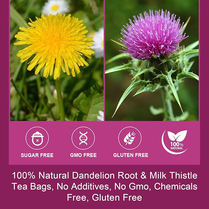 Dandelion Root with Milk Thistle Tea Bags - Natural Dried Dandelion Root and Milk Thistle Herbal Tea bags for Liver Cleanse, Antioxidant and Immune Support, Caffeine Free - 40 Tea Bags