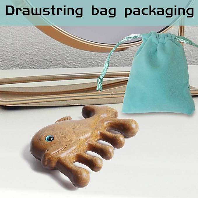 Natural Wood Wide Tooth Hair Comb Head Scalp Massage No Static Green Sandalwood Hair Pick Wooden Comb for Women Men Kids Hair Neck Hands Legs Caring Tool (Cute Shark), Brown