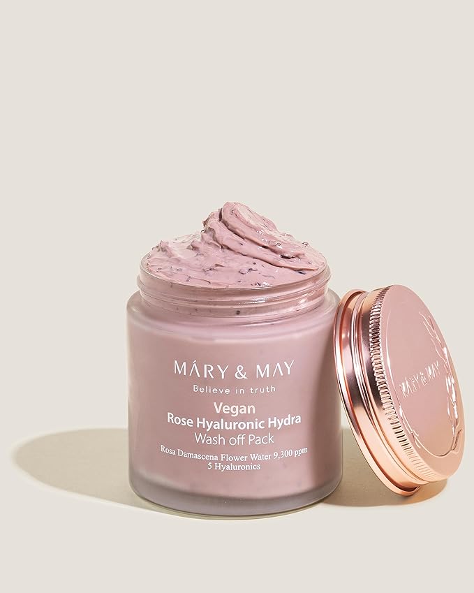 Mary&May Vegan Rose Hyaluronic Hydra Wash Off Mask - Rose Petal and Damask Rose Water Cream Mask for Moisturizing, Exfoliation, and Blackhead Removal - Korean Skincare, 10.1oz.