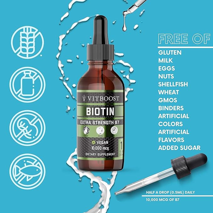 Extra Strength 10,000mcg Biotin Liquid Drops with Organic Berry Flavor | 60 Servings | Vegan Formula Supports Hair Growth, Strong Nails, Healthy Skin | NO Artificial Preservatives