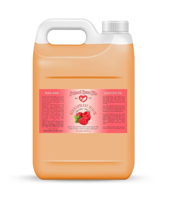 Natural Born Oils Raspberry Seed Oil, 1 Gallon, Organic, Cold-Pressed, Nutrient-Rich, Excellent for Radiant Skin, Lustrous Hair