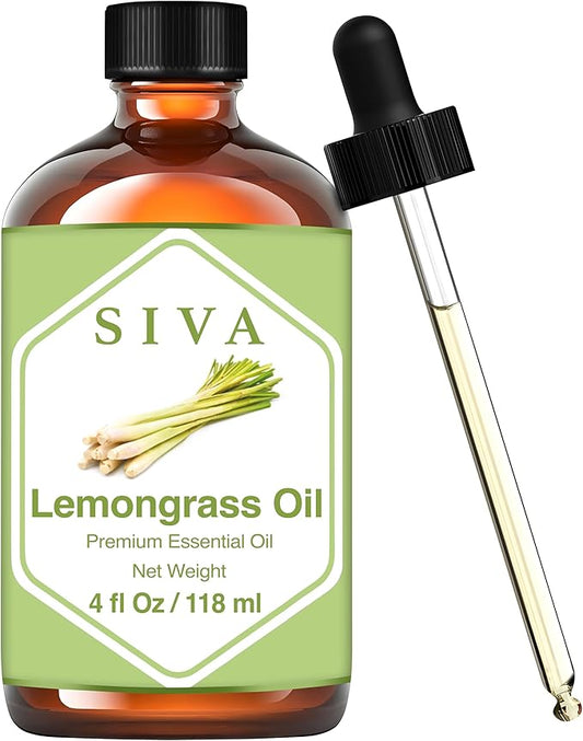 SIVA Lemongrass Essential Oil - 4 Fl Oz – Natural Lemongrass Oil - for Diffuser, Face, Skin Care, Aromatherapy, Hair Care, Scalp and Body Massage - with Dropper
