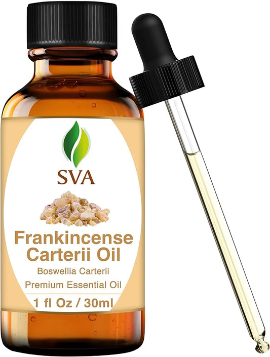 SVA Frankincense Essential Oil – 1 Fl Oz – 100% Natural Boswellia Carterii Oil - for Diffuser, Hair Care, Face, Skin Care, Aromatherapy, Scalp and Body Massage, Soap and Candle Making – with Dropper