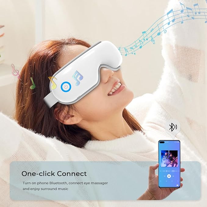 Eye Massager with Heat and Music, Heated Eye Mask with Bluetooth 180°Folding 5-Mode Voice Announcement Heating Massage for Sleep Travel Eyes Strain Relief, White