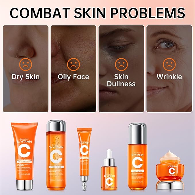 Vitamin C Skincare Set, 6-In-1 Skincare Gift Set With Facial Cleanser, Toner, Eye Cream, Serum, Lotion & Face Cream, Moisturizing Face Skin Care Kit for Anti-Aging, Anti-Wrinkle