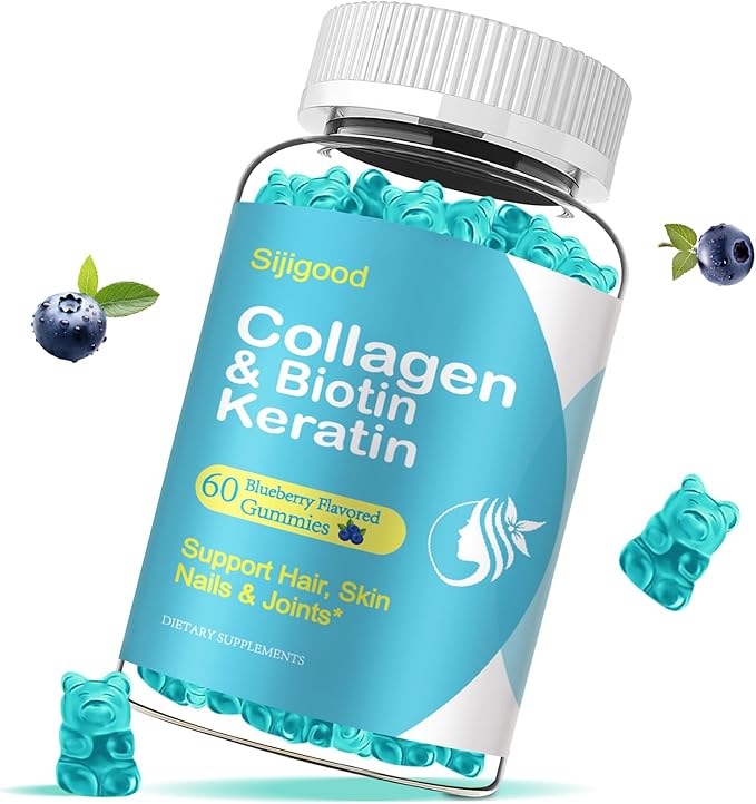 Biotin Gummies with Collagen, Keratin, Hyaluronic Acid, Vitamin for Skin, Hair Growth, Nails, Women Men Adults Kids - 60 Blueberry Flavored Gummies