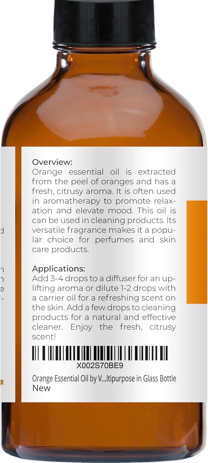 Orange Essential Oil by Velona - 4 Fl Oz | Therapeutic Grade 100% Pure and Natural | for Aromatherapy Diffuser, Massage, Skincare, Haircare, Soapmaking | Undiluted in Glass Bottle