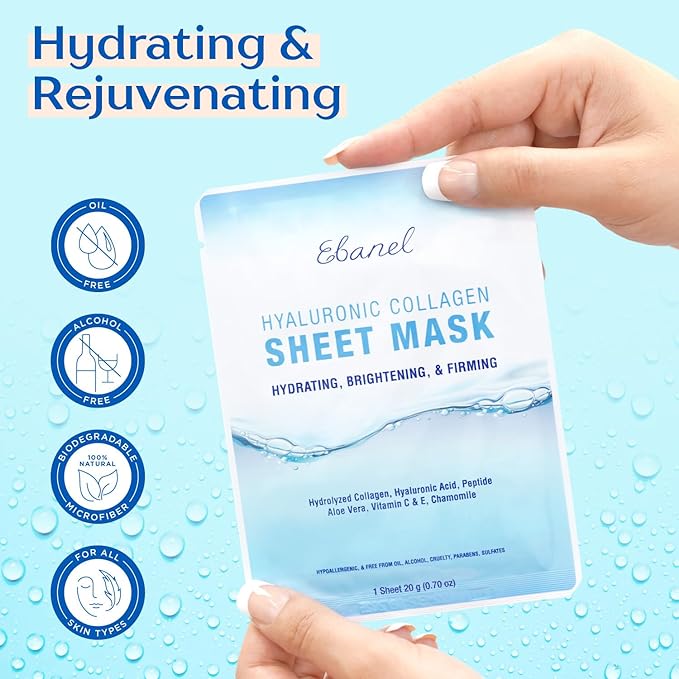 Ebanel 20 Pack Collagen Peptide Hydrating Face Masks, Instant Brightening Firming Anti Aging Face Sheet Masks, Moisturizing Spa Facial Mask Skincare with Hyaluronic Acid, Vitamin C, Chamomile, Aloe