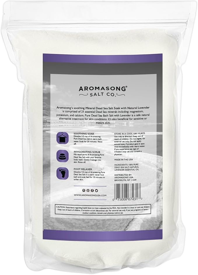 Aromasong Pure Dead Sea Salt for Soaking with 100% Natural Lavender, 19 LB - Spa Bath Salt Fine Grain - Body Wash Scrub - Soak for Women & Men- Bulk Resealable Pack (Packaging May Vary)