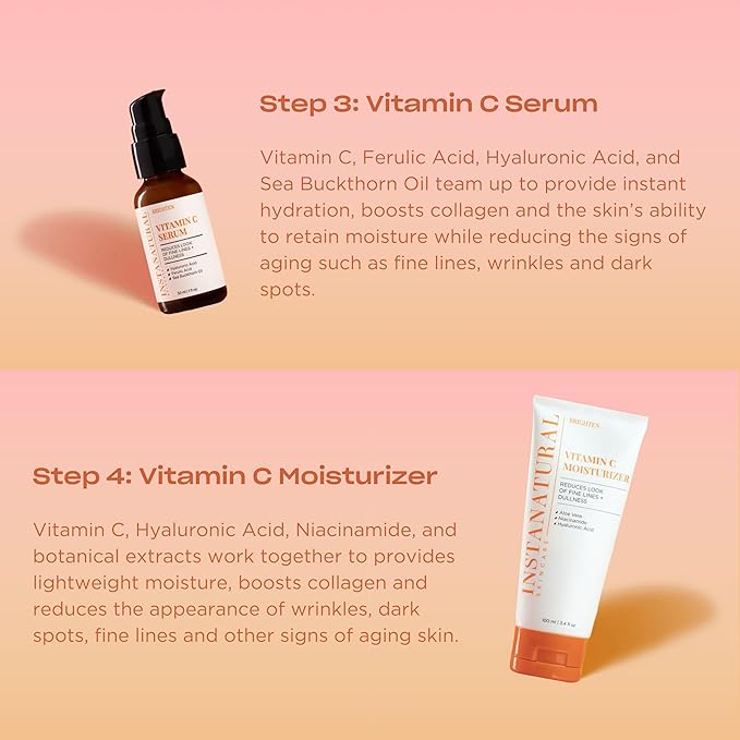InstaNatural Vitamin C Four Step Skin Care Set, Skincare Routine, Brightens, Hydrates, Prevents Signs of Aging, Face Wash, Toner, Serum and Moisturizer, with Botanical Extracts