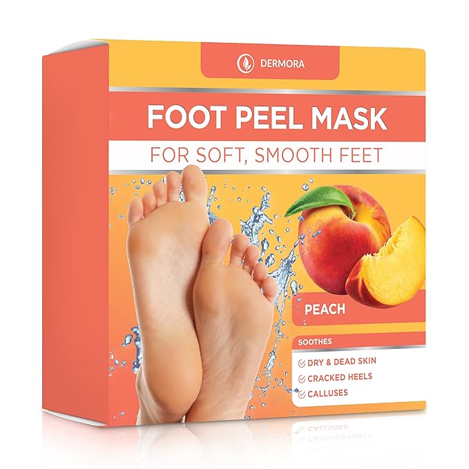 DERMORA Foot Peel Mask - 2 Pack of Regular Size Skin Exfoliating Foot Masks for Dry, Cracked Feet, Callus, Dead Skin Remover for Baby Soft Feet, Peach Scent