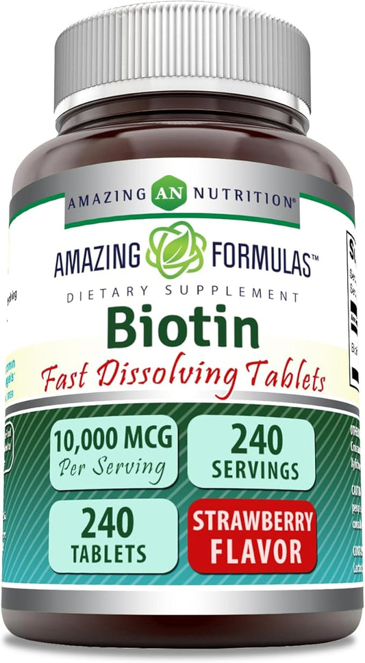 Amazing Formulas Biotin 10,000 mcg | Fast Dissolve Tablets | Non-GMO | Gluten Free Supplement | Made in USA (Strawberry | 240 Count)