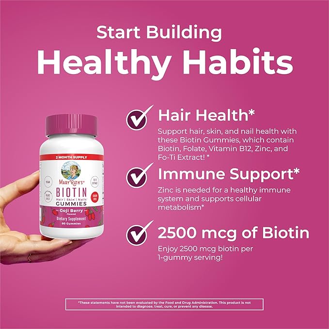 MaryRuth's Biotin Gummies | Sugar Free | Vegan | Non-GMO | 2,500 mcg Biotin Supplement | Hair Skin and Nails Vitamins | Hair Growth Vitamins | Hair Growth Supplement | 60 Count