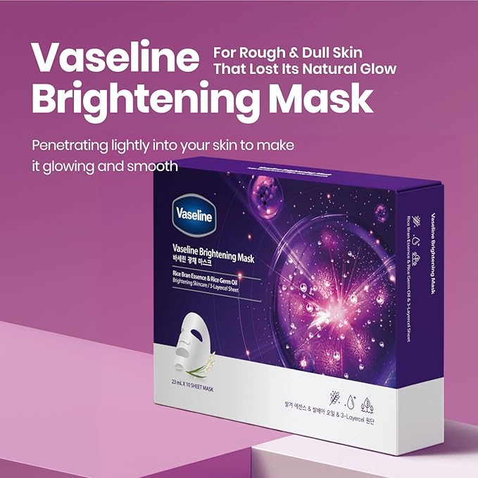 Vaseline Face Facial Mask Sheet Skin Care Essence, HYDRATION RETENTION, SKIN BARRIER REINFORCEMENT [Made in Korea] 10 Count (10 Count, Brightening)