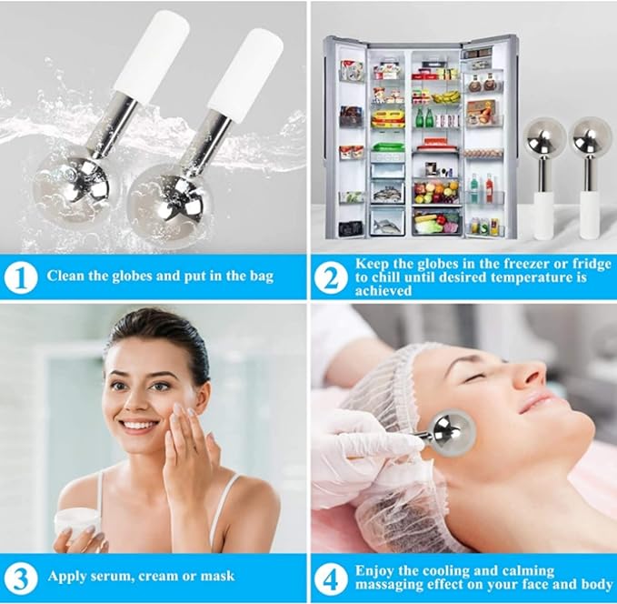 Facial Ice Globes and Roller, Cooling Massager for Face, Eyes and Neck, Cryotherapy Treatment for Puffiness, Dark Circles and Wrinkles (Silver)