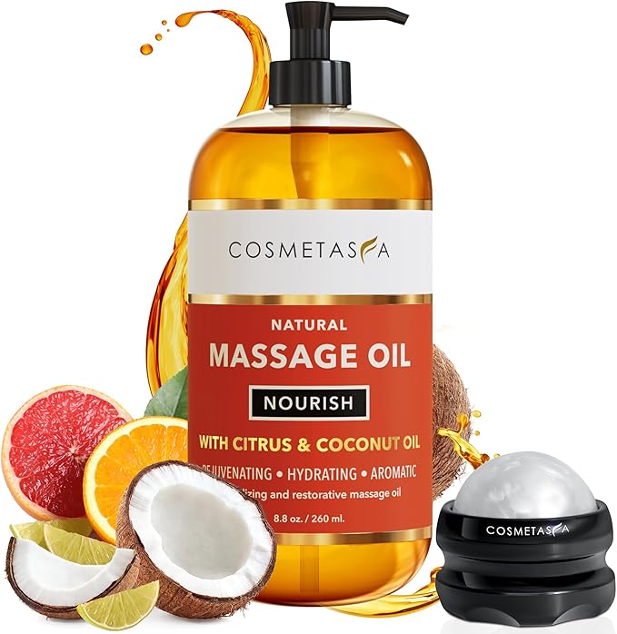 Natural Nourishing Massage Oil with Massage Roller Ball - Therapeutic Citrus & Coconut Massage Oils with Rejuvenating, Hydrating & Aromatic Essential Oils for Dry Skin, Soothes Muscle & Joints 8.8 oz