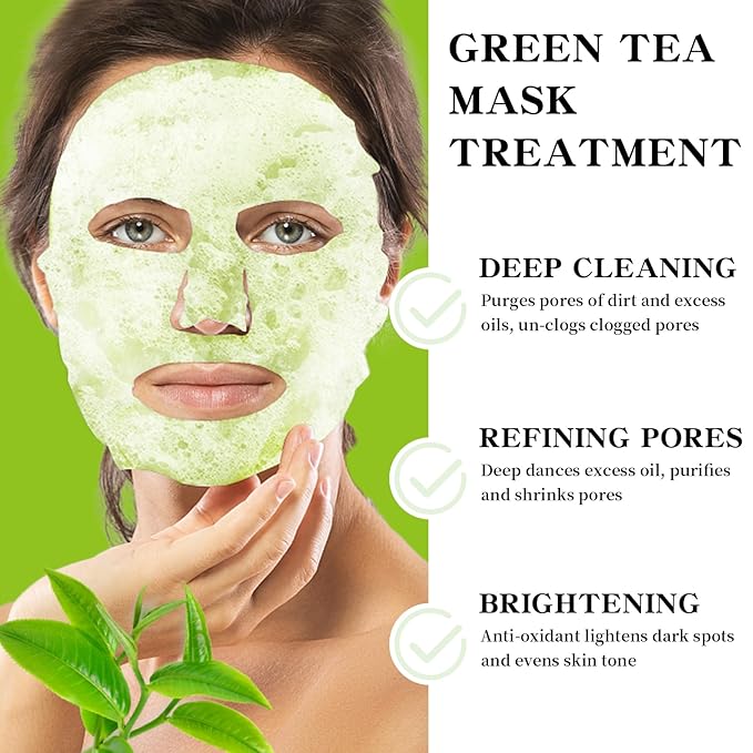 IREV 10 Pack Green Tea O2 Bubble Face Masks Sheet, Bubble Facial Mask, Foaming Face Mask, Purifying Facial Mask for Acne and Pores, Moisturizing Spa Face Masks Skincare, Brightening Beauty Masks