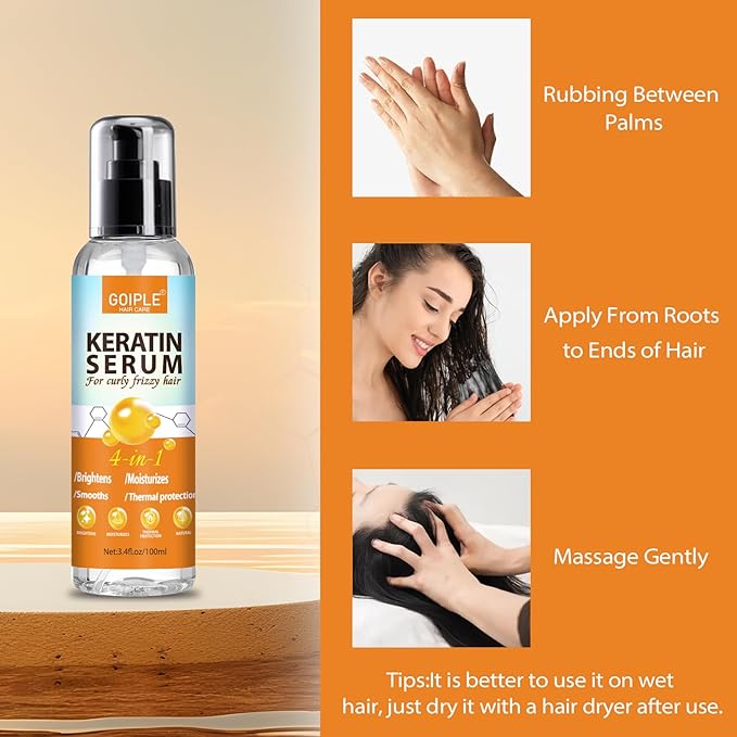 Keratin Hair Serum for - Heat Protectant with Castor Oil Treatment for Frizzy, Dry & Damaged Hair - Nourishes and Repairs Hair for Shine and Softness