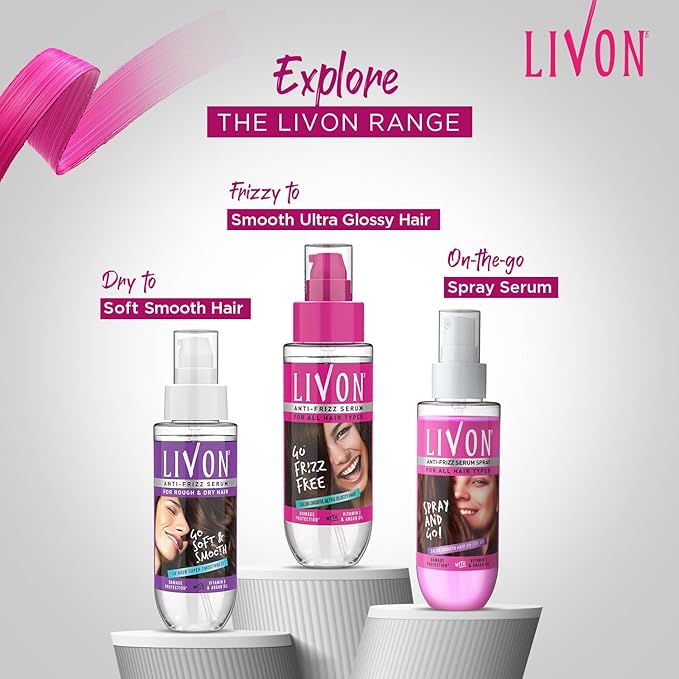 Livon Hair Serum for Men & Women | Frizz-free, stronger and shinier hair | Sulphate & Paraben free| For All Hair Types | Lightweight & Non Greasy | Enriched with Argan Oil & Vitamin E | 3.3 Fl.Oz