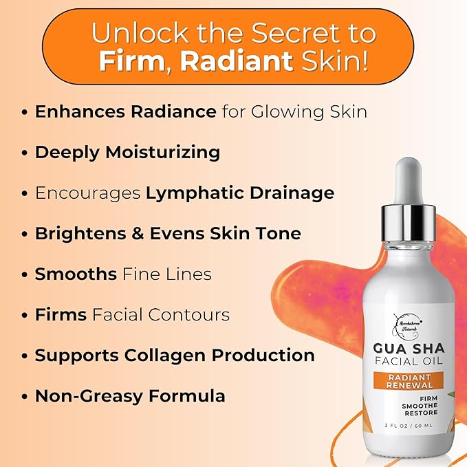 Brookethorne Naturals Gua Sha Oil for Face | Radiant Renewal Facial Oil for Gua Sha Massage & Dermaplaning | 100% Natural Hydrating Face Oil with Jojoba, Rosehip, Argan Oil & AHAs to Firm & Restore