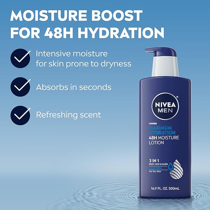 NIVEA MEN Maximum Hydration 48-Hour Moisture Body Lotion for Dry Skin, Aloe Vera Lotion for Men, 3-in-1 Body, Face and Hands, Dermatologically-Tested, 16.9 Fl Oz Bottle