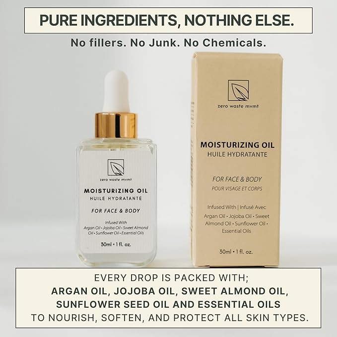 Moisturizing Oil for Face and Body – 100% Plant-Based, Vegan, and Cruelty-Free – Hydrating Blend with Argan Oil, Jojoba Oil, and Sweet Almond Oil – Plastic-Free Packaging – 30ml