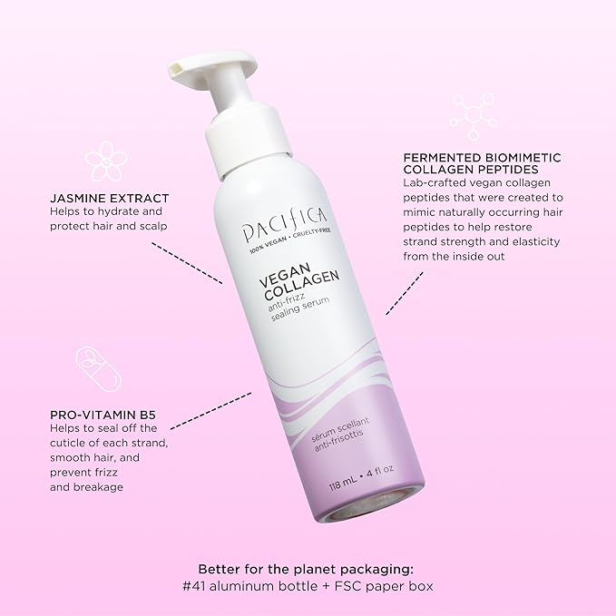 Pacifica Vegan Collagen Hydrating Leave-In Repair Hair Mask, Softens & Restores Shine, Seals Split Ends, For Dry, Damaged & Color-Treated Hair, Silicone & Sulfate Free, Vegan, 4 oz